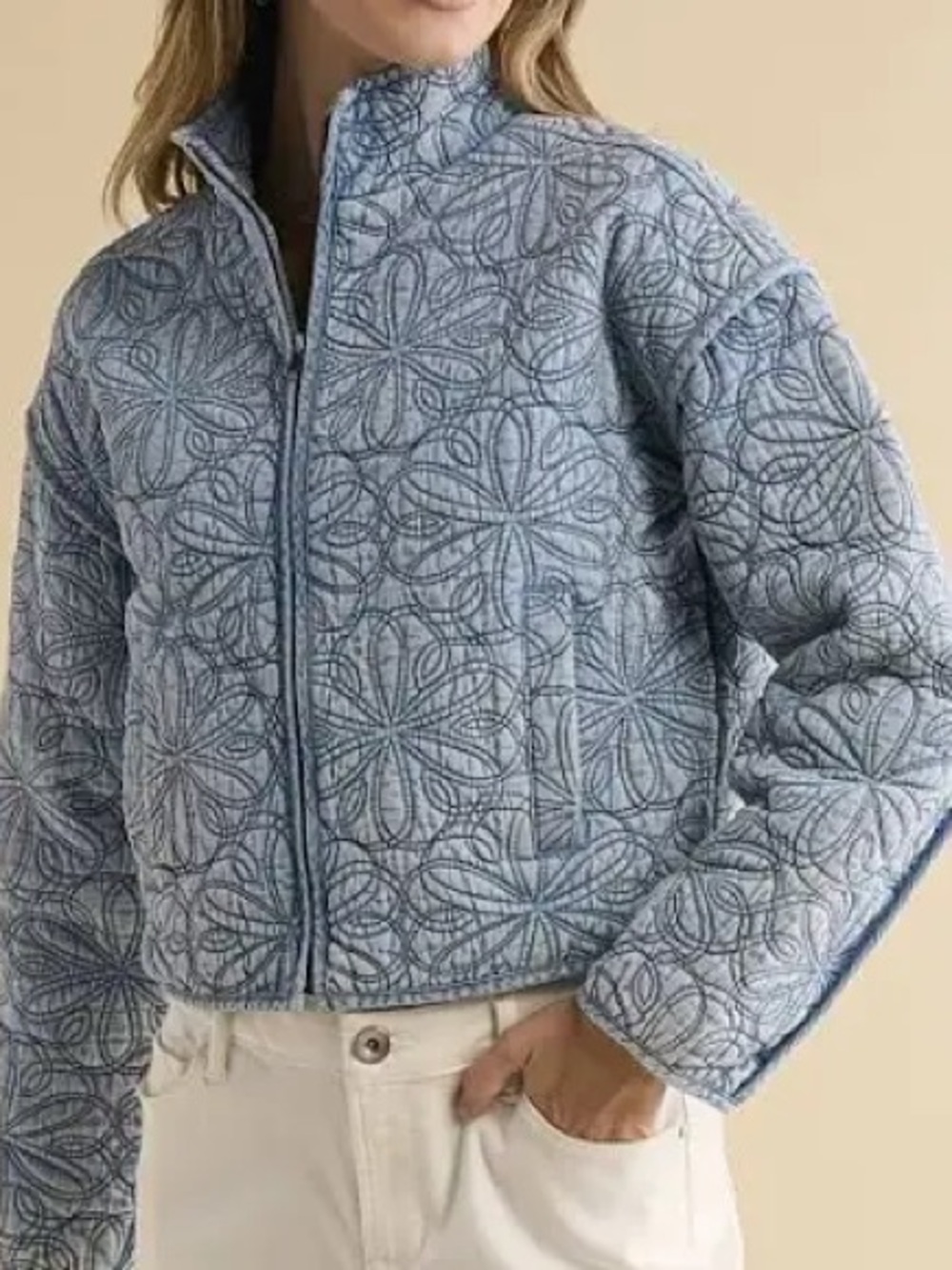 Blank NYC Light Blue Quilted Floral-Pattern Jacket